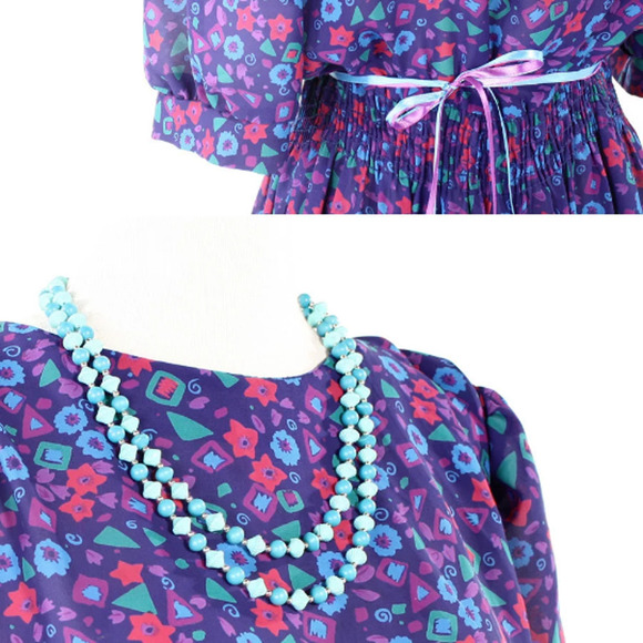 Vintage 80s Day Dress Flowy Blue Pink Graphic Print Elastic Waist Sz M - Hey Viv - Picture 4 of 5